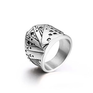 Vintage stainless steel poker spade royal flush ring with antique silver finish