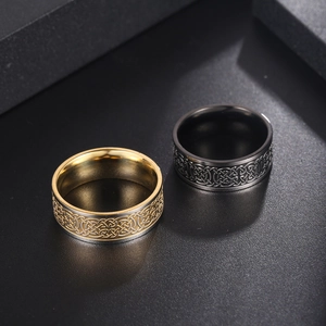 Men's hip-hop stainless steel Celtic knot ring with black and gold woven texture