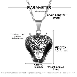 Detail view of cobra pendant showing 40.4mm height and stainless steel material info
