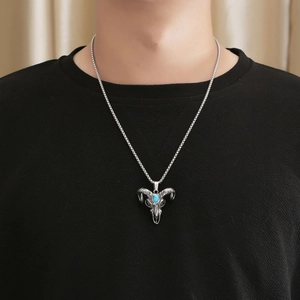 Retro punk titanium steel bull skull necklace with turquoise stone inlay on a bead chain