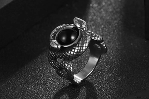 Macro shot of gothic double snake ring with black gemstone and vintage steel scales