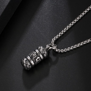 Vintage stainless steel cylinder pendant necklace with lotus and six-word mantra engraving
