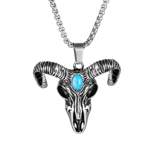 Vintage ram skull pendant necklace in titanium steel with turquoise stone and box chain