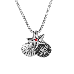 Titanium steel necklace featuring a starfish pendant with red gemstone and shell charms