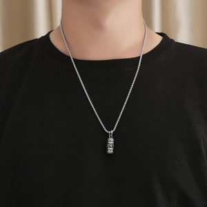 Vintage stainless steel lotus mantra cylinder pendant necklace for men in silver finish