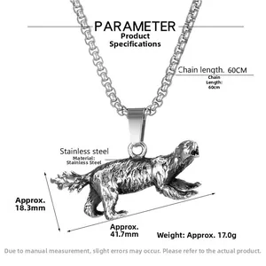 Detailed view of honey badger pendant in vintage steel with 60cm chain and size dimensions