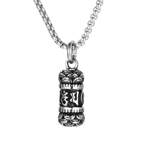 Vintage titanium steel necklace with lotus and mantra pendant for men on white background