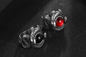 Macro shot of twin snake rings with vintage texture and inlaid red and black gemstones