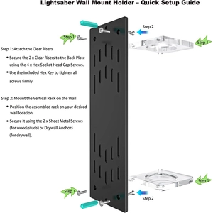 Vertical wall-mounted acrylic lightsaber display rack with mounting hardware and setup guide