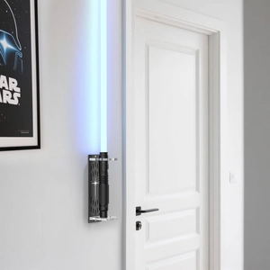 Vertical wall mount display rack for light sabers with star-patterned acrylic holder