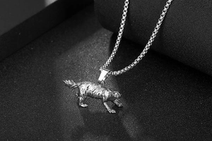 Detailed close-up of a silver-tone honey badger pendant with realistic fur texture