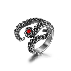 Vintage Stainless Steel Octopus Tentacle Open Ring Gothic Punk Red Rhinestone Inlaid Antique Silver Finger Ring Jewelry