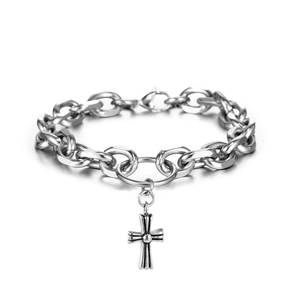 Men's Punk Gothic Stainless Steel Cross Pendant Necklace Bracelet Set Thick Chain Link Electroplated Silver Jewelry
