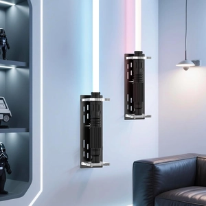 Vertical wall mounted acrylic lightsaber display rack with sleek black backplate design