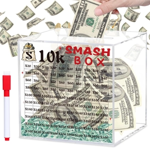 Macro view of transparent acrylic money box featuring 10K savings tracker grid and pen