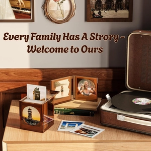 Amber acrylic Polaroid photo frame and storage box set in a vintage home setting
