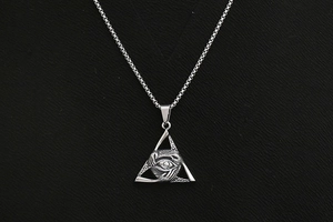 Detailed macro view of the silver triangular Eye of Providence pendant on a box chain