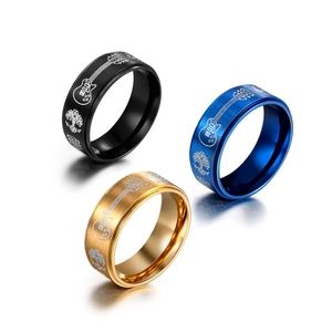 Bague en Acier Inoxydable Gravée Arbre de Vie et Guitare pour Hommes Anneau en Métal Brossé Style Rock Punk Musique