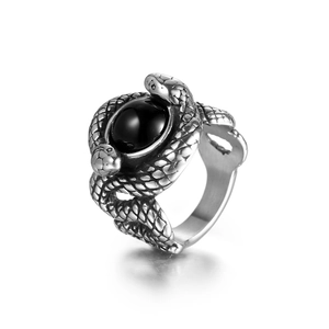 Vintage Titanium Steel Double Snake Ring For Men Gothic Punk Stainless Steel Red Black Zirconia Inlaid Animal Finger Ring Jewelry