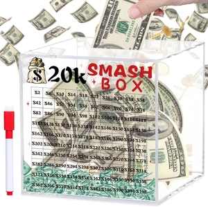 Detailed view of large acrylic 20k savings box with progress grid and bill slot
