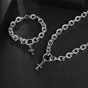 Men's silver stainless steel heavy chain necklace and bracelet set with gothic cross pendant