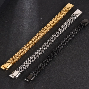 Bracelet pour Homme en Acier Inoxydable Double Rangée Chaîne Franco Poli Géométrique Maillons Carrés Bijoux Or Argent Noir