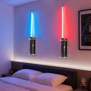 Vertical wall mount acrylic lightsaber display stand featuring red and blue LED glow effects