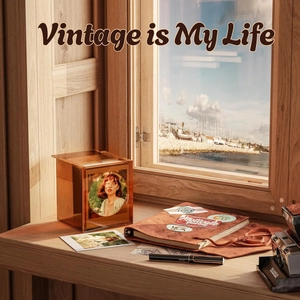 Amber acrylic Polaroid photo storage box with vintage design on a sunny wooden windowsill