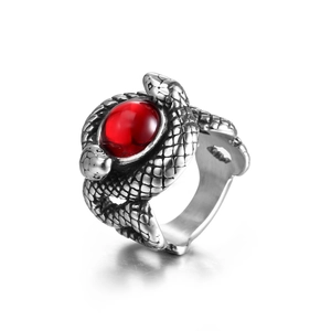 Gothic style silver titanium steel double snake ring with a central oval red stone