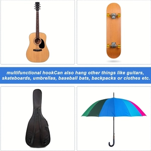 Universal wall mount showing various uses for guitar, skateboard, bag, and umbrella