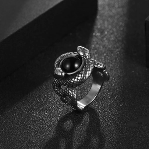 Vintage titanium steel double snake ring for men with black oval stone and scales
