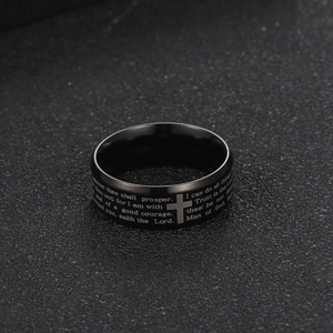 Men's matte black stainless steel cross ring with laser engraved bible scripture
