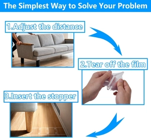 Three-step installation guide for adjustable acrylic sofa stopper with clear adhesive film