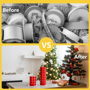 Vertical ribbon storage organizer showing before and after comparison in Christmas setting