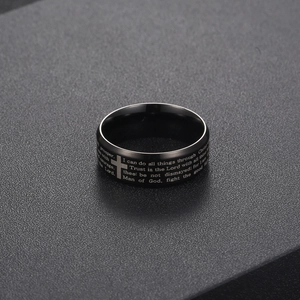 Men's black stainless steel ring with engraved cross and bible verses in matte finish