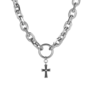 Men's titanium steel chunky chain necklace with a vintage cross pendant in silver tone