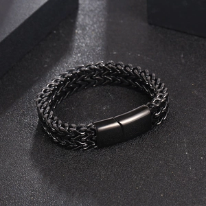 Bracelet homme double chaîne épi en acier inoxydable noir avec fermoir industriel robuste