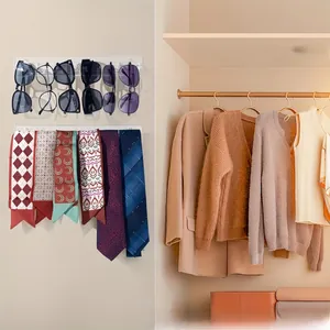 Close-up of wall-mounted acrylic sunglasses organizer and accessory holder in wardrobe