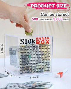 Macro view of $10k acrylic savings box showing coins being inserted into the slot