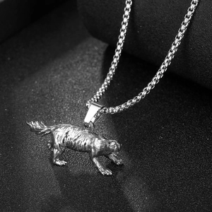 Vintage stainless steel honey badger pendant necklace for men with animal fur carving