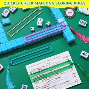 Detailed view of colorful acrylic mahjong line readers with matching tassels and rules card