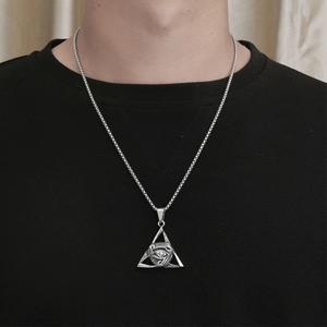 Vintage stainless steel triangle necklace with All-Seeing Eye pendant on square bead chain