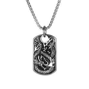 Vintage stainless steel dragon pendant necklace with detailed relief carving for men