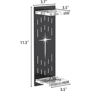 Vertical wall-mounted acrylic lightsaber display rack with dimensions in inches