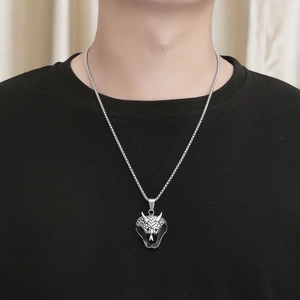 Retro titanium steel cobra pendant necklace for men with box chain on model wear