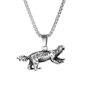 Vintage stainless steel honey badger pendant necklace with detailed antique finish for men