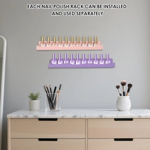 Detail of clear wave acrylic wall-mounted nail polish racks in pink and purple colors