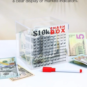 Large clear acrylic 10,000 dollar savings challenge box with money goal tracking grid