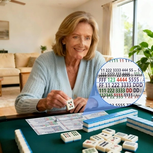 Detail of acrylic line finder magnifying a rule card for mahjong tiles and small text
