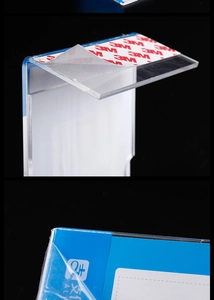 Detail of A6 acrylic sign holder showing strong 3M adhesive tape and transparent material